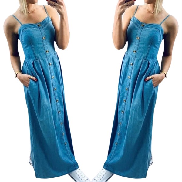 Summer Blue Denim Strap Long Dress