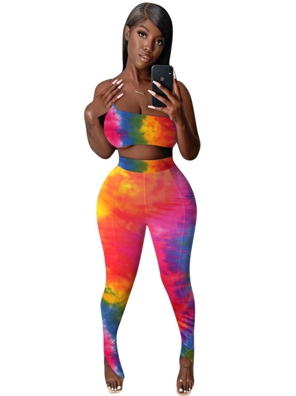 Tie Dye Sexy One Shoulder Crop Top and Legging Set