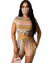 Summer Striped Print Two Piece Shorts Set with Face Cover