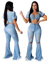 Sexy High Waist Ripped Tassel Flare Jeans