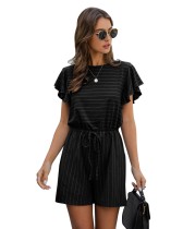 Summer Drawstrings Striped Rompers with Ruffle Cuffs