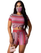 Summer Striped Print Two Piece Shorts Set with Face Cover