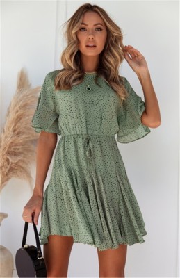 Summer Dot Print A-line Dress with Ruffle Sleeves