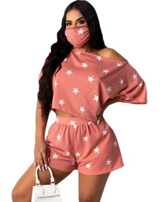 Summer Stars Print Two Piece Shorts Set with Face Cover