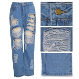 Straight High Waist Blue Ripped Jeans