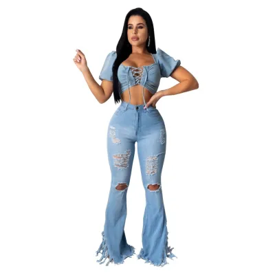 Sexy High Waist Ripped Tassel Flare Jeans