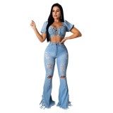 Sexy High Waist Ripped Tassel Flare Jeans