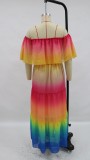 Summer Off the Shoulder Rainbow Maxi Dress