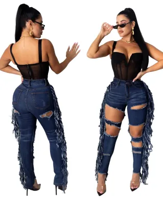 Sexy High Waist Cut Out Tassel Jeans