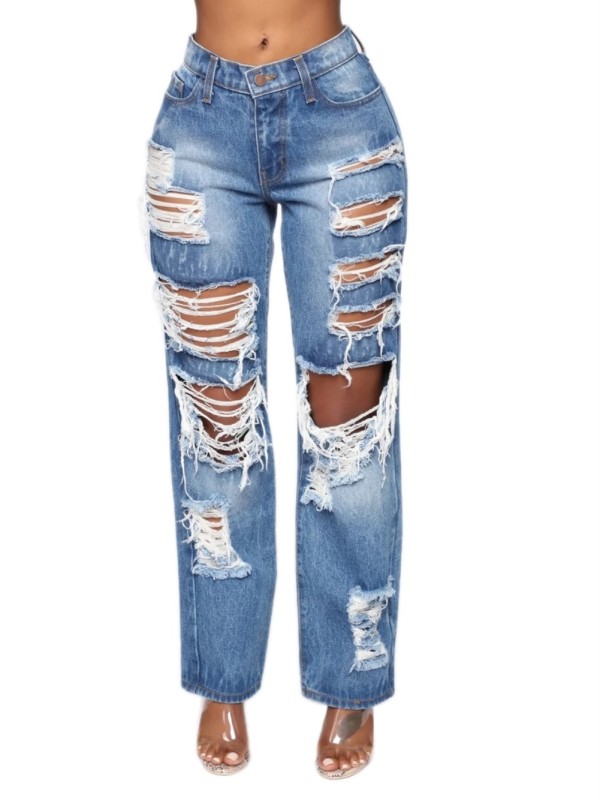 Straight High Waist Blue Ripped Jeans