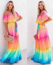 Summer Off the Shoulder Rainbow Maxi Dress