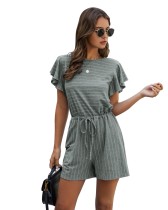 Summer Drawstrings Striped Rompers with Ruffle Cuffs