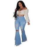Sexy High Waist Ripped Tassels Flare Jeans