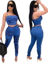 Sexy Blue Denim Print Crop Top and Jeans Set
