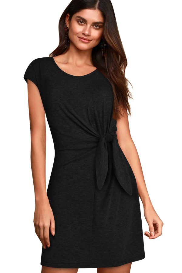 Summer Round Neck Knot Plain Mini Dress