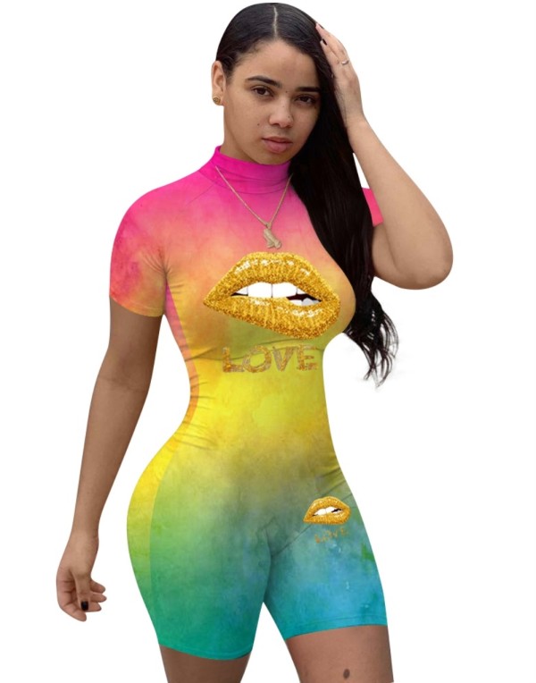 Summer Tie Dye Lips Print Bodycon Rompers