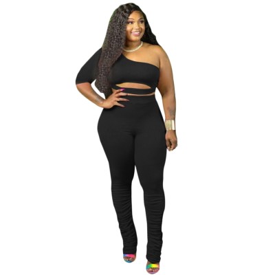 Plus Size One Shoulder Crop Top and Stacked Pants Set
