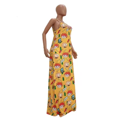 Summer Cartoon Print Strap Maxi Dress