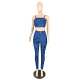 Sexy Blue Denim Print Crop Top and Jeans Set