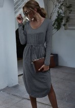 Autumn Round Neck Long Sleeve Drawstring Slit Long Dress