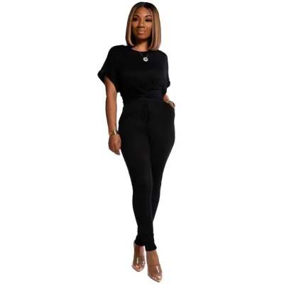 Summer Plain Knot Crop Top and High Waist Pants Set