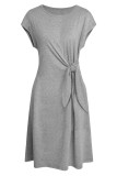 Summer Round Neck Knot Plain Mini Dress