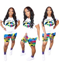 Summer Lips Print Two Piece Camou Shorts Set