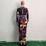 African Colorful Long Sleeve Crop Top and Pencil Skirt Set