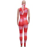 Print Sleeveless Sexy Bodycon Jumpsuit with Face Cover