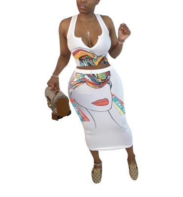 Summer Character Print Vest and Midi Skirt Set
