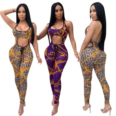 Sexy Print Cut Out Bodycon Jumpsuit