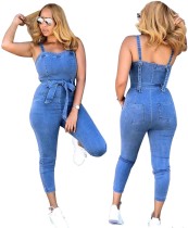 Casual Blue Straps Tight Denim Jumpsuit