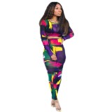 African Colorful Long Sleeve Crop Top and Pencil Skirt Set