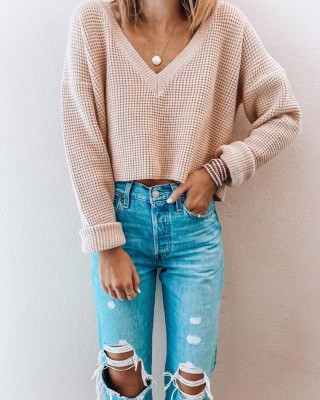 Sexy V-Neck Loose Cut Crop Sweater Top