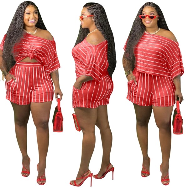 Plus Size Striped Two Piece Biker Shorts Set