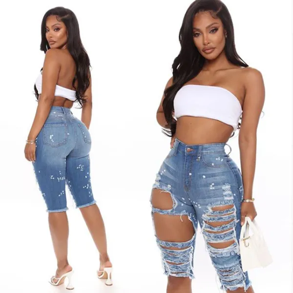 Sexy High Waist Blue Ripped Denim Shorts