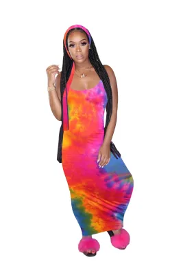 Summer Tie Dye Sleeveless Long Dress with Belt