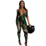Sexy Print Green Strap Bodycon Jumpsuit