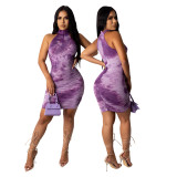 Summer Tie Dye Ruched Halter Bodycon Dress