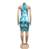Summer Tie Dye Ruched Halter Bodycon Dress