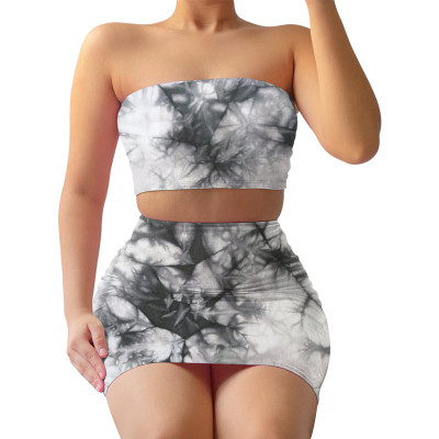Summer Sexy Tie Dye Strapless Crop Top and Mini Skirt Set