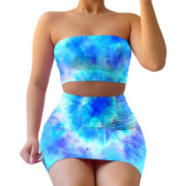 Summer Sexy Tie Dye Strapless Crop Top and Mini Skirt Set