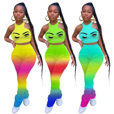 Sexy Gradient Halter Crop Top and Stacked Pants Set