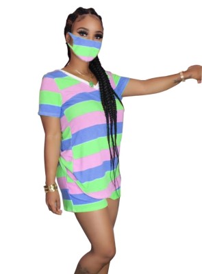 Casual Wide Striped Two Piece Short Set with Face Cover