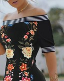 Summer Off Shoulder Floral Black Mini Dress