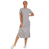 Summer Grey Round Neck Slit Long Shirt Dress