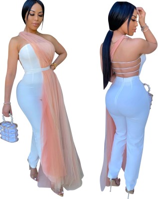 Sexy White and Pink One Shoulder Evening Jumpsuit