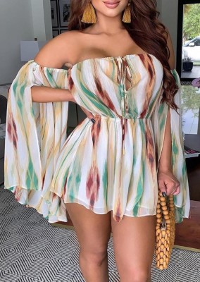 Summer Off Shoulder Tie Dye Rompers with Slit Sleeves