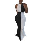 African White and Black Sleeveless Mermaid Evening Dress