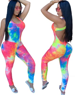 Sexy Tie Dye Fitness Halter Jumpsuit